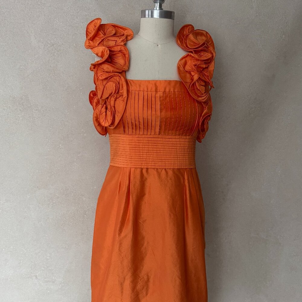Malandrino Silk Cocktail Dress Orange Rosette Shoulder Pleated Bodice Size 40